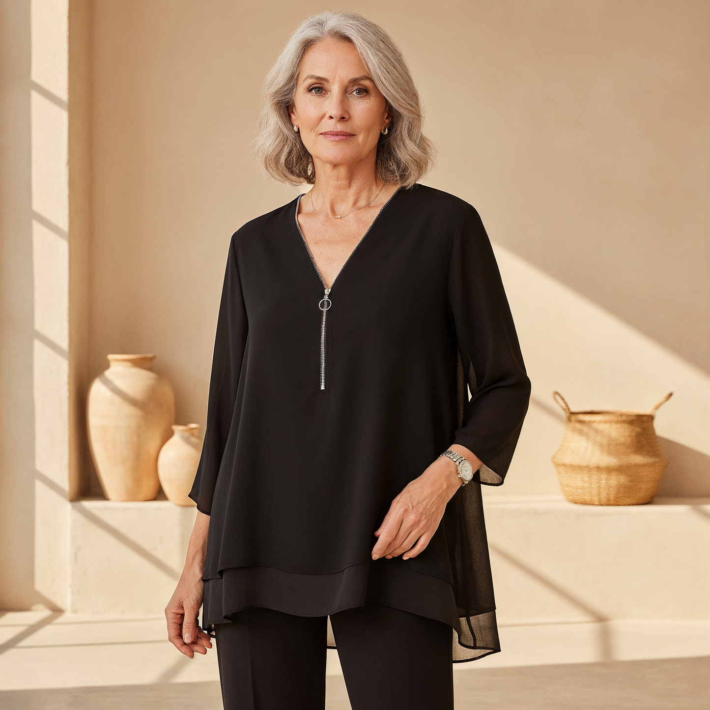 Hyacinth - V-Neck Flowy Zipped Top