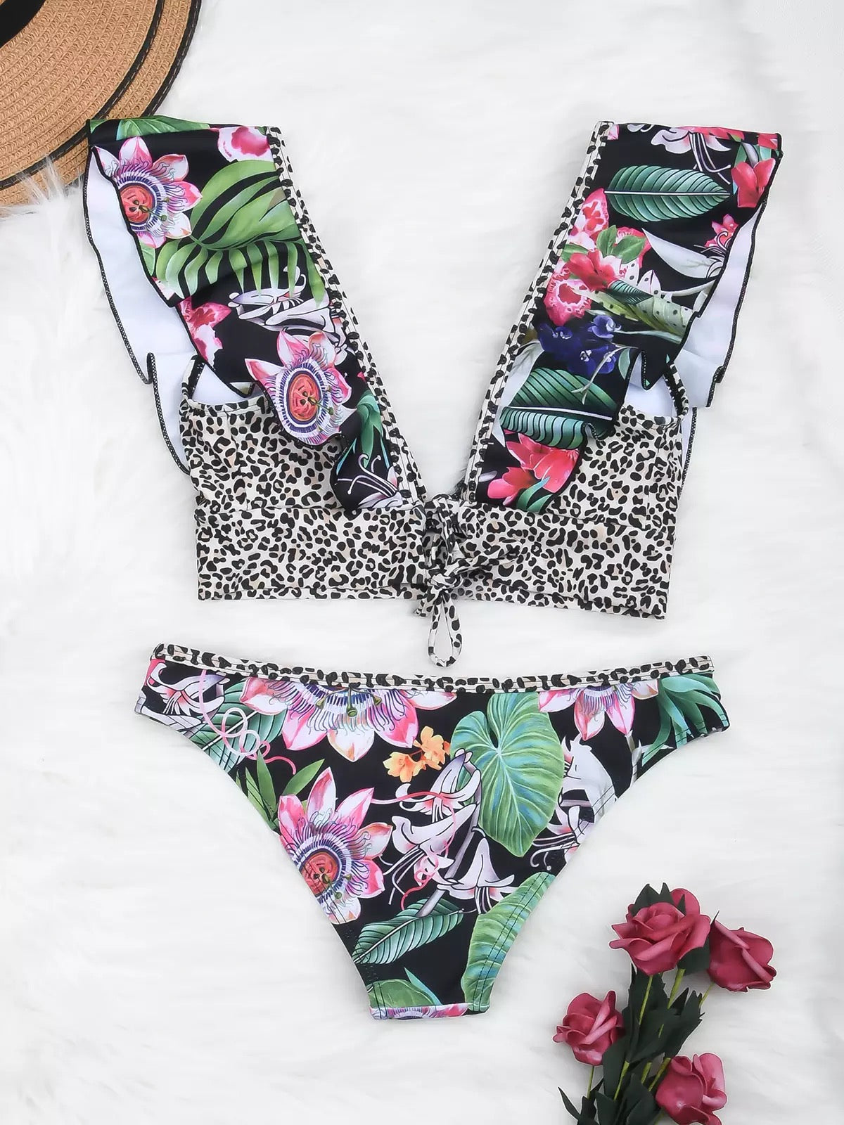 TROPICAL - Bikini with leopard print & ruffles